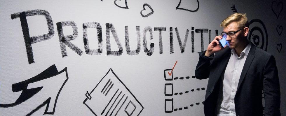 man holding smartphone looking at productivity wall decor